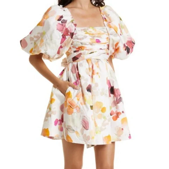 Aje Dassia Puff Sleeve Cotton Minidress In Desert Rose, SIZE 10 US. 0717 - Picture 2 of 8